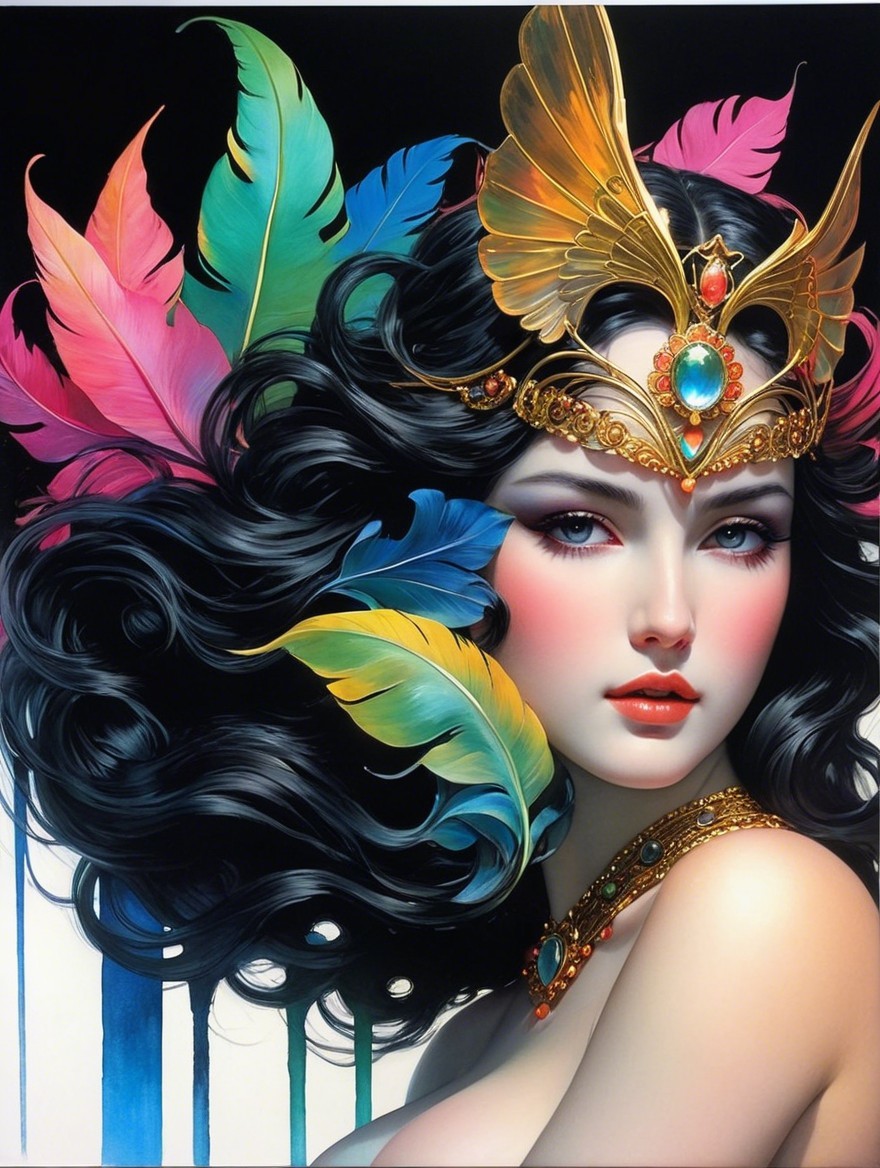 Portrait of a woman with dark hair and feather crown