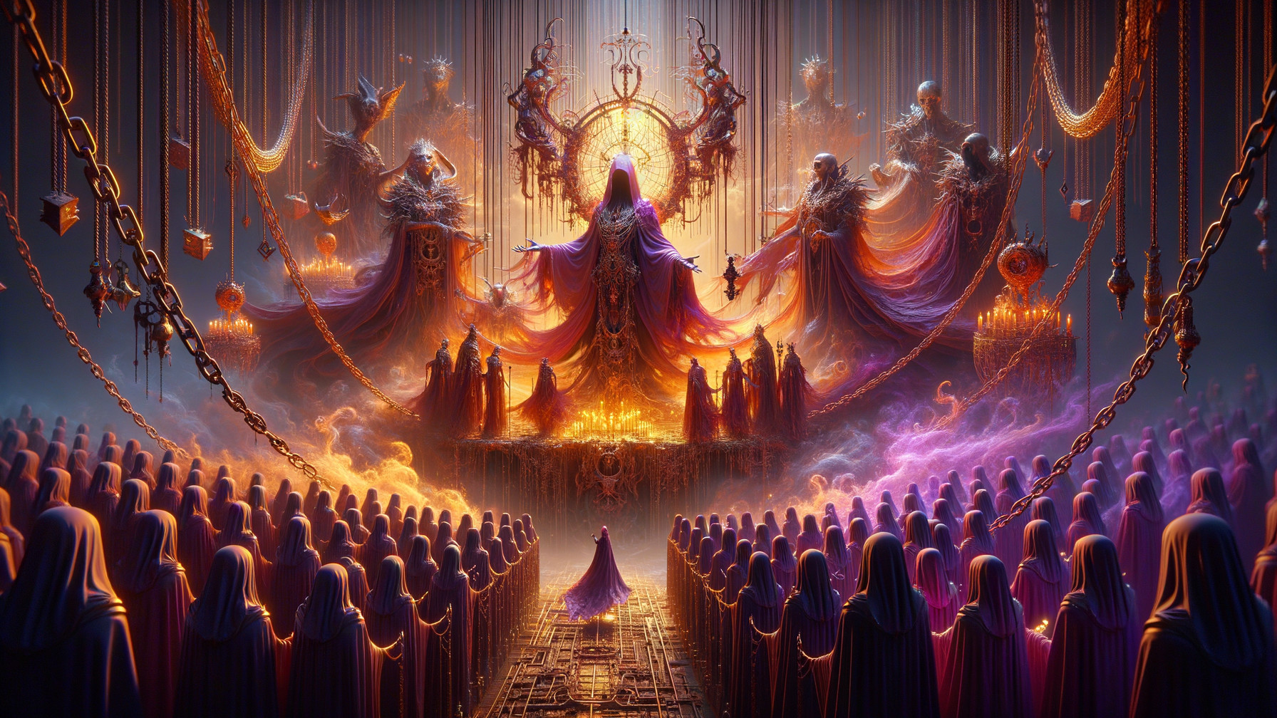 Mystical Gathering in an Ornate Hall with Ethereal Light