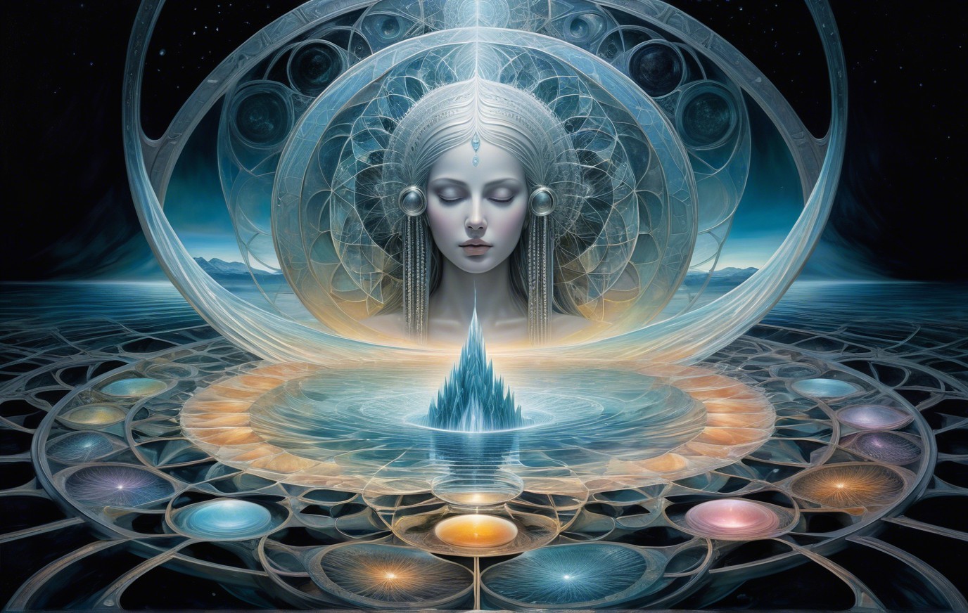 Ethereal Figure Surrounded by Geometric Patterns