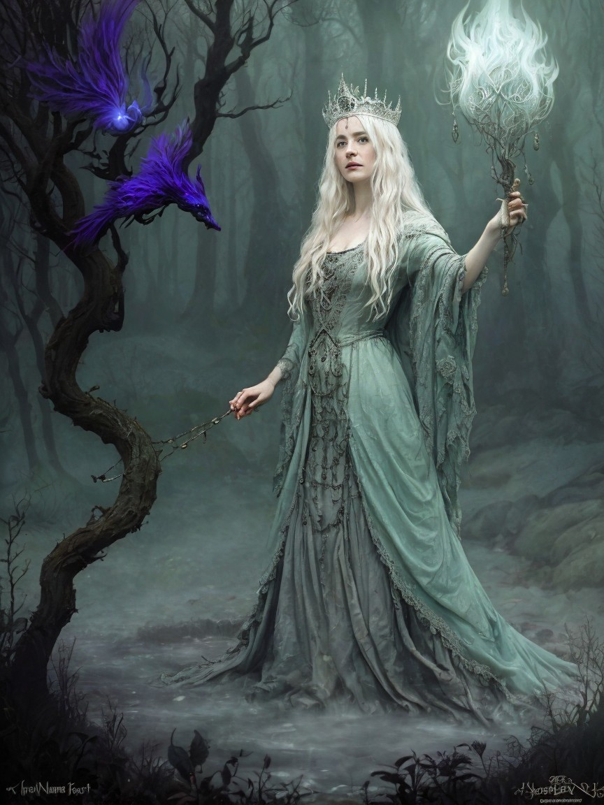 Serene figure in misty forest with glowing staff and raven