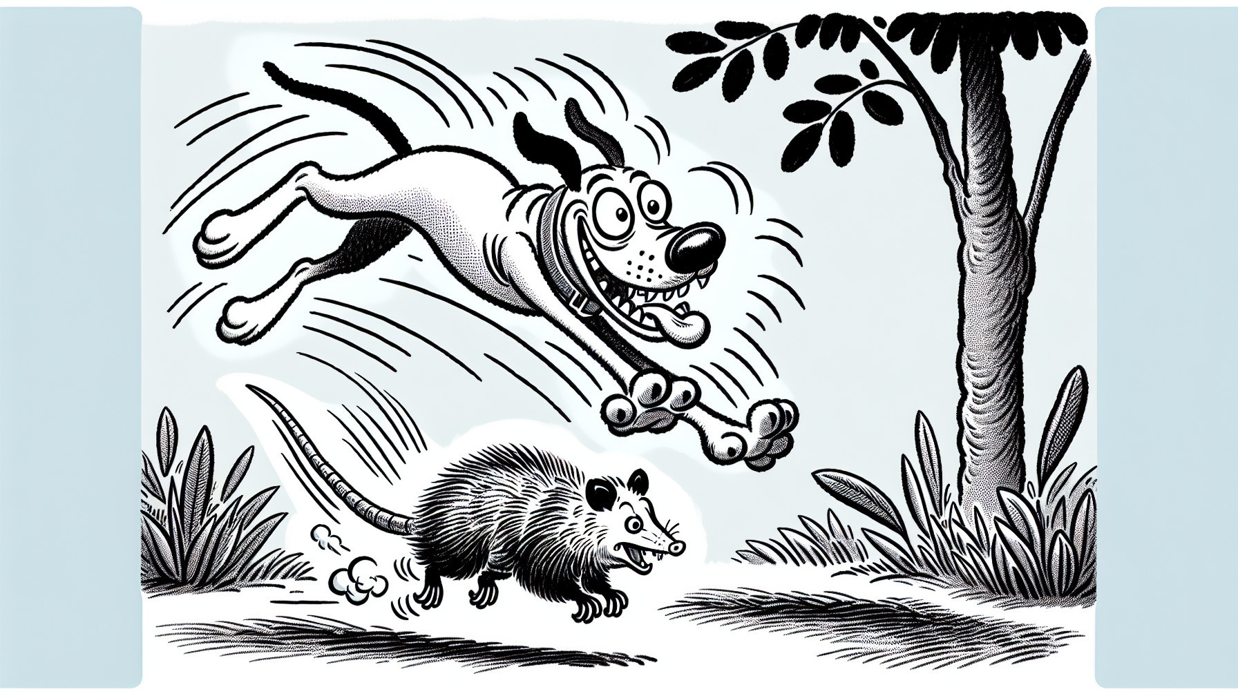 Playful Dog Chasing Opossum in Forest Setting