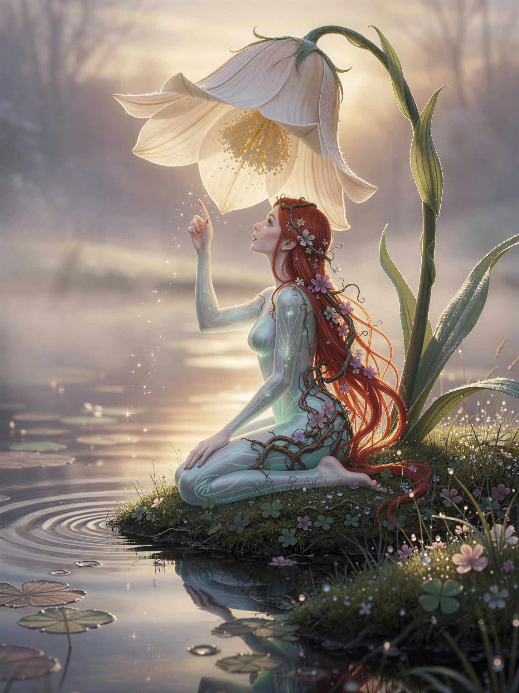 Nymph-like woman with red hair on a grassy island