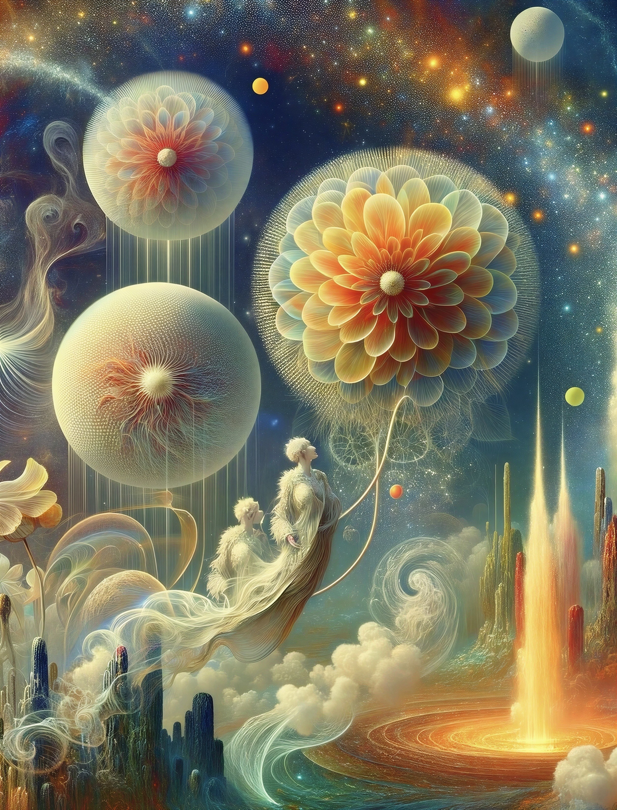 Ethereal Figures in a Dreamlike Floral Landscape