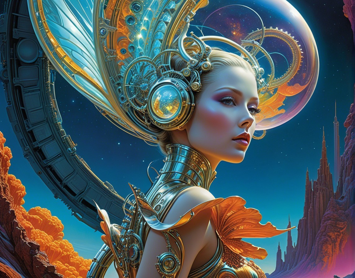 Futuristic woman with metallic accessories in cosmic setting