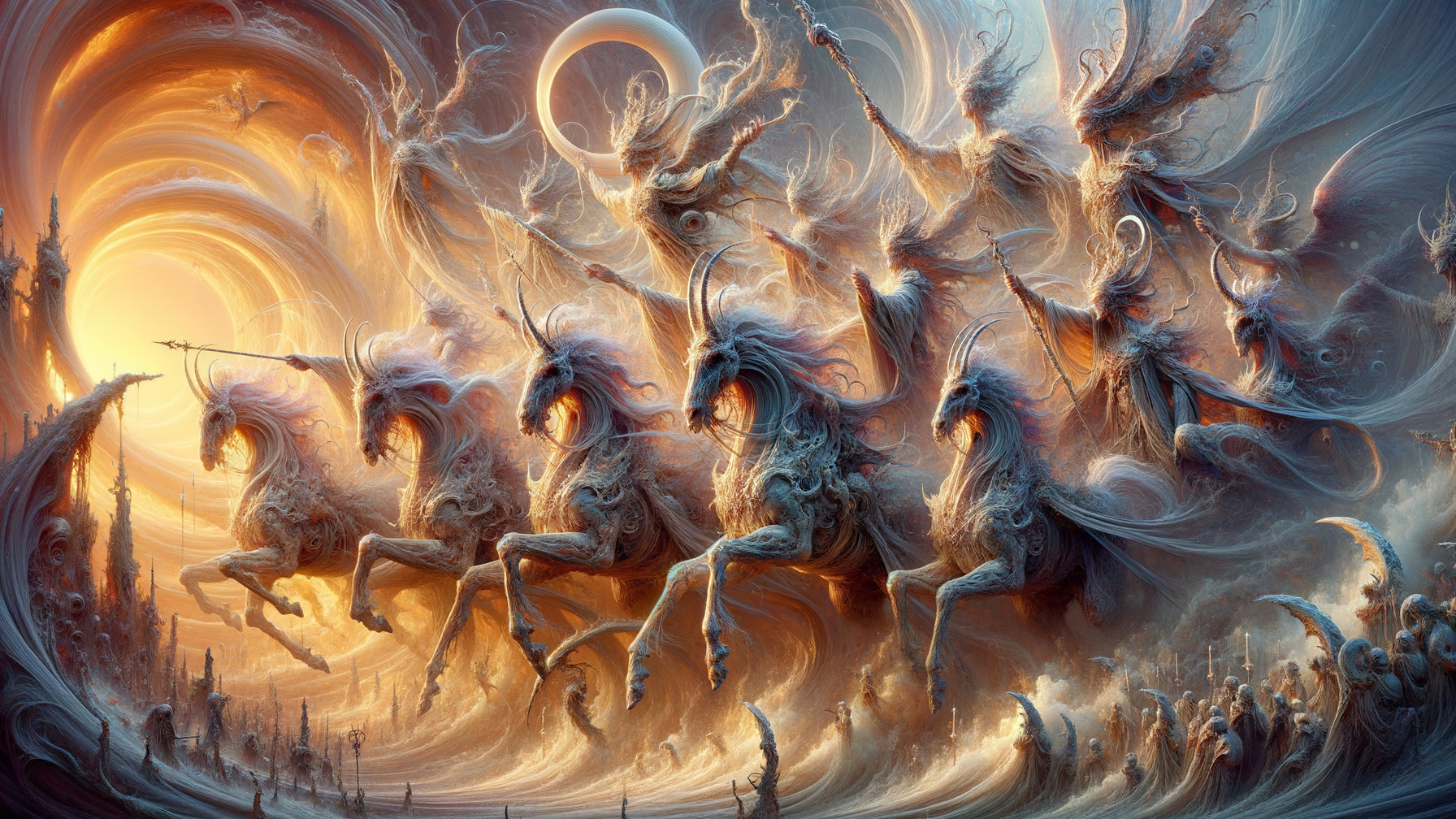 Surreal Scene of Ethereal Figures on Luminous Unicorns