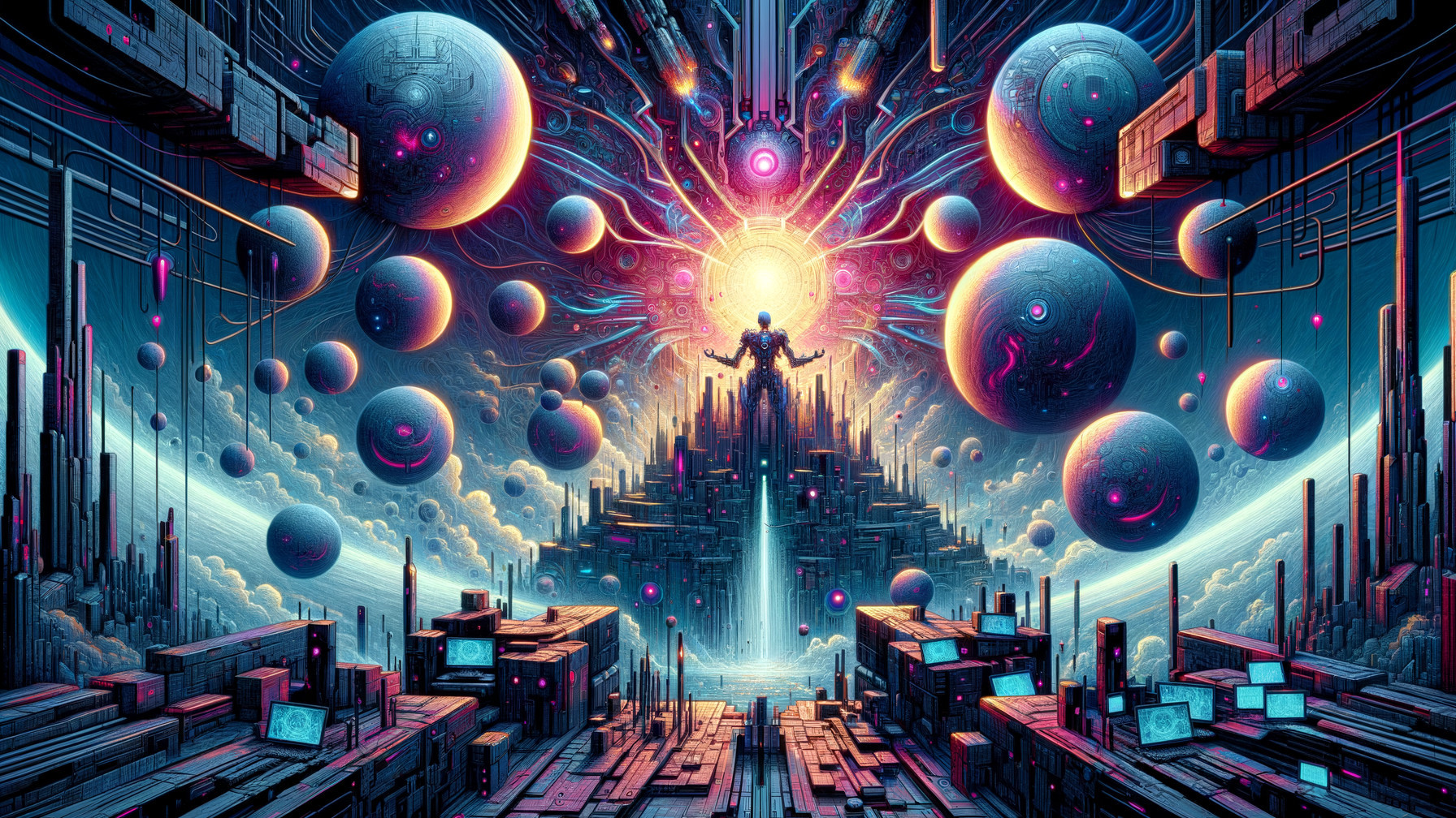 Surreal Cosmic Landscape with Pyramid and Vibrant Planets