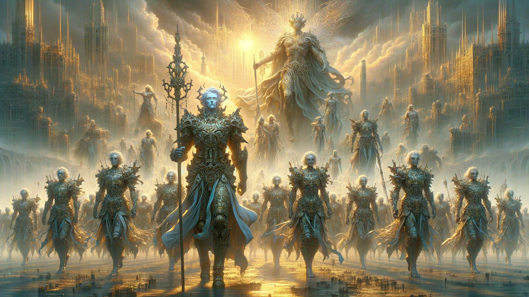 Ethereal Figures in Armor in Golden Landscape