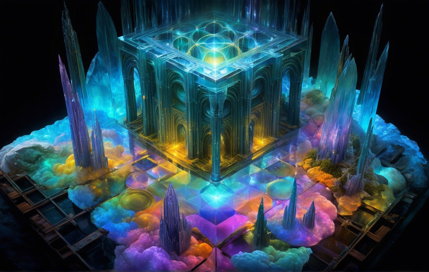 Ethereal Landscape with Crystalline Structure and Clouds