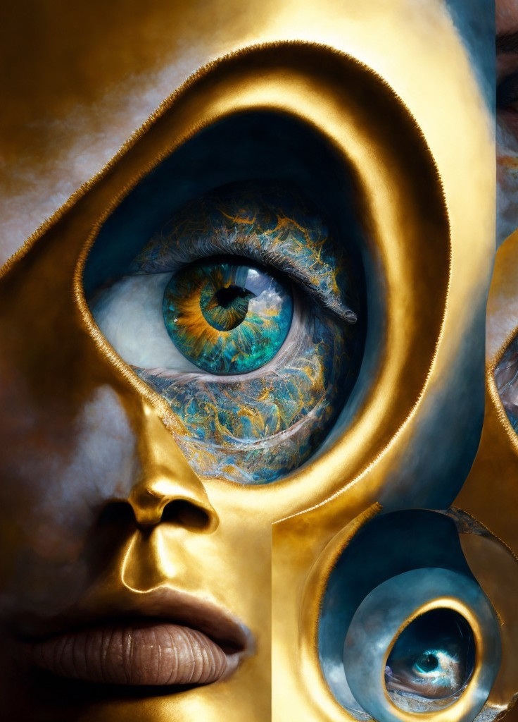 Surreal Face with Golden Textures and Blue Eye