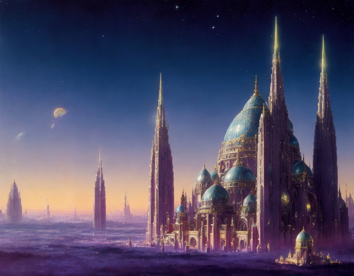 Futuristic cityscape with spires and twilight sky