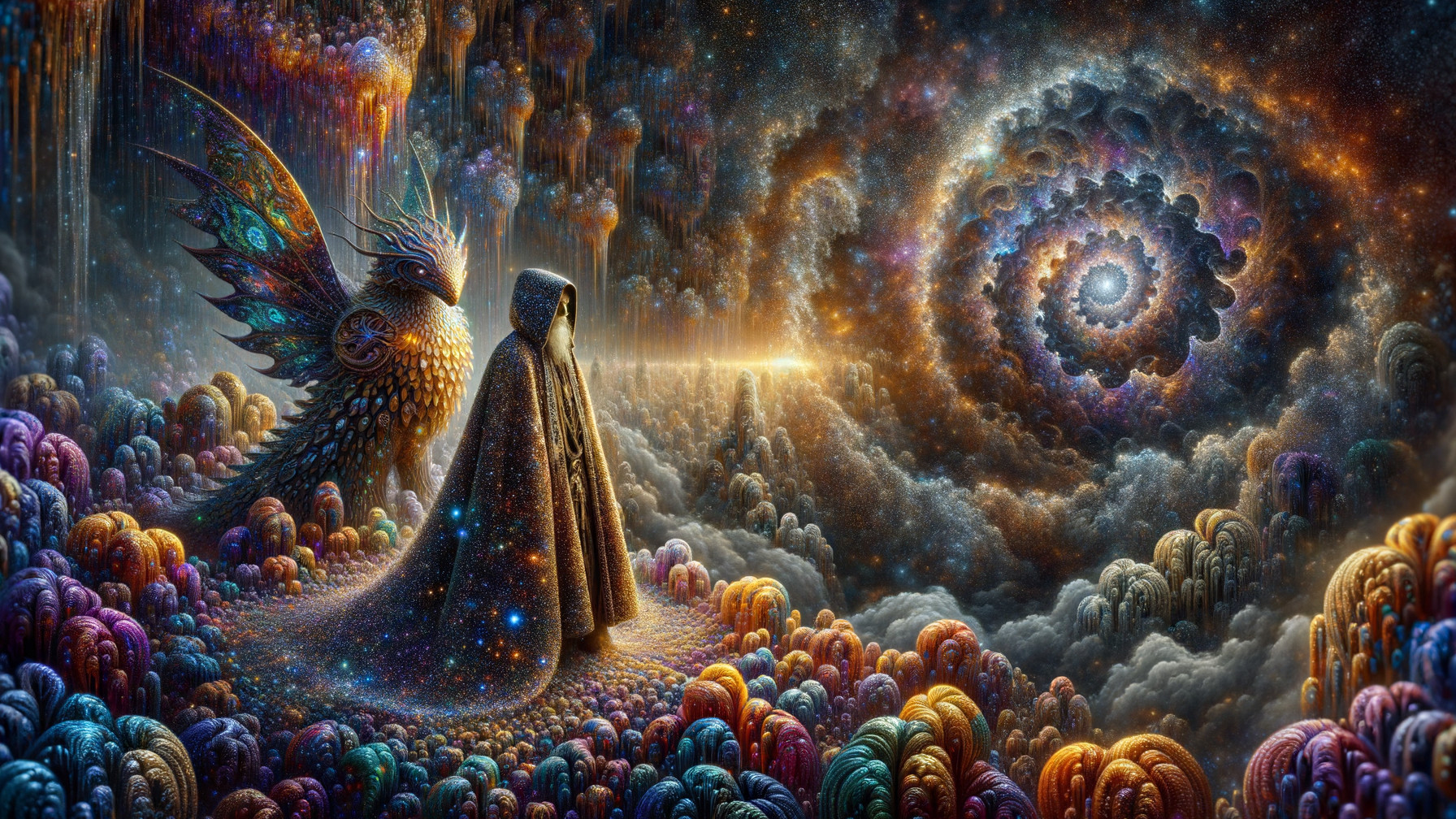 Cloaked Figure and Colorful Bird in Cosmic Landscape
