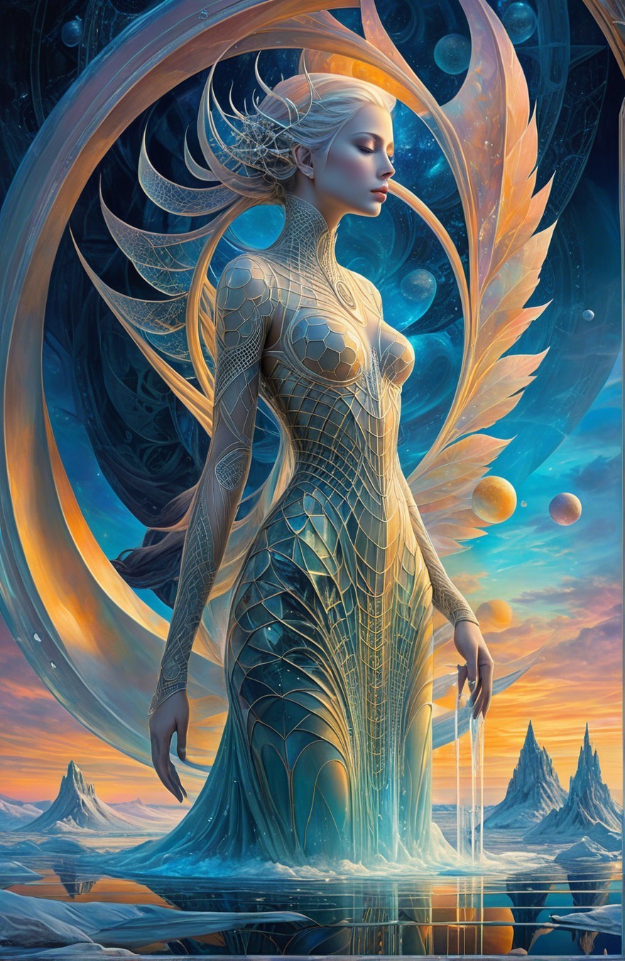 Cosmic Figure with Ethereal Wings and Celestial Background