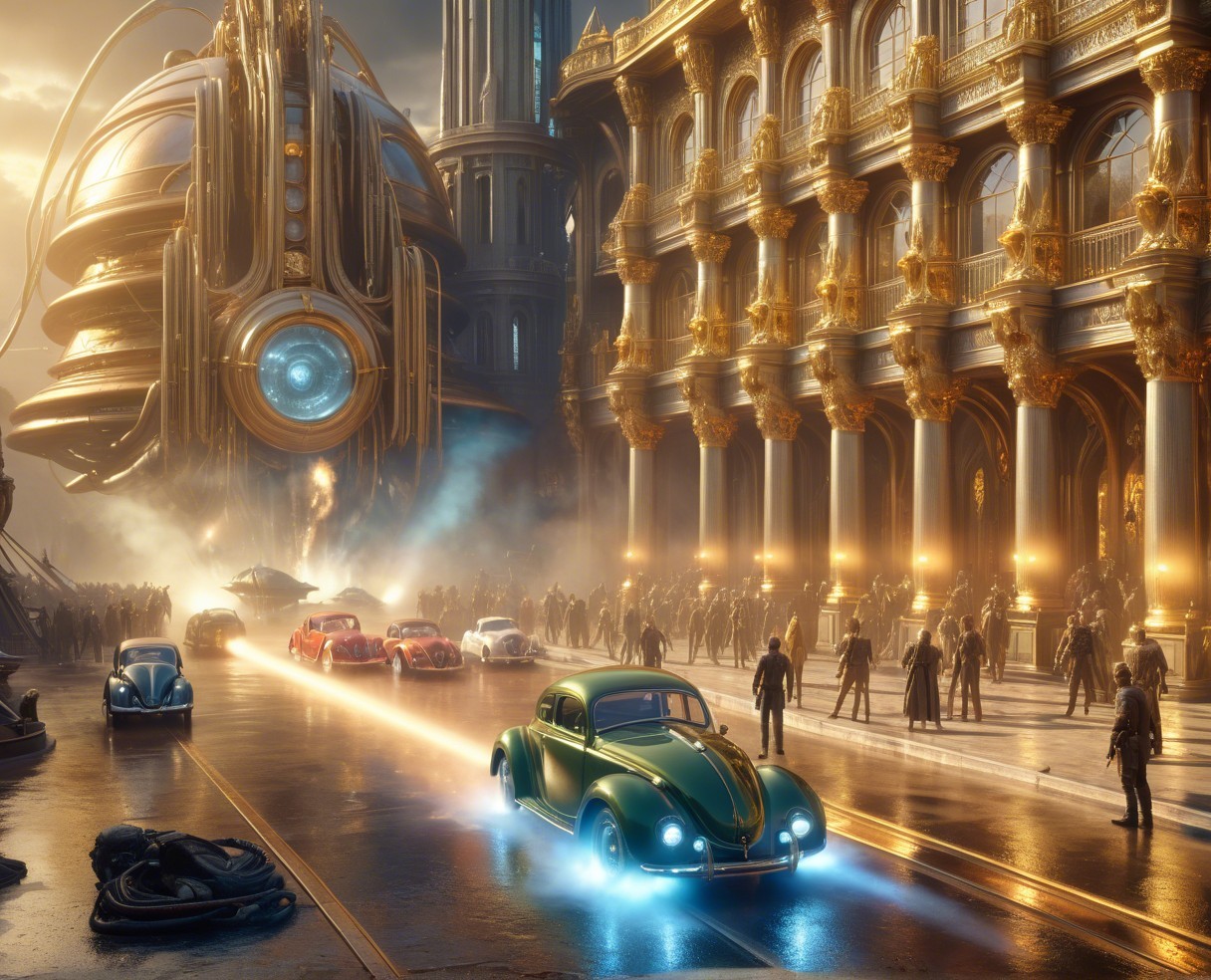 Futuristic Cityscape with Golden Architecture and Vintage Cars