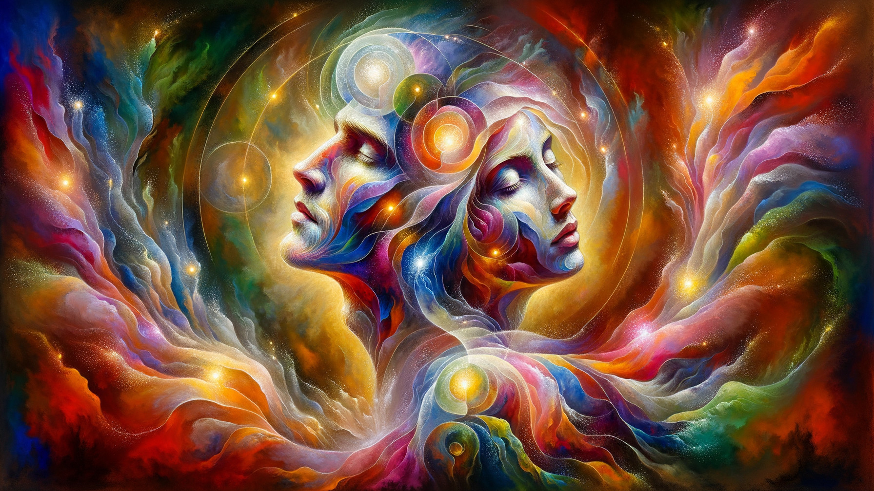 Intertwined Faces with Vibrant Colors and Patterns