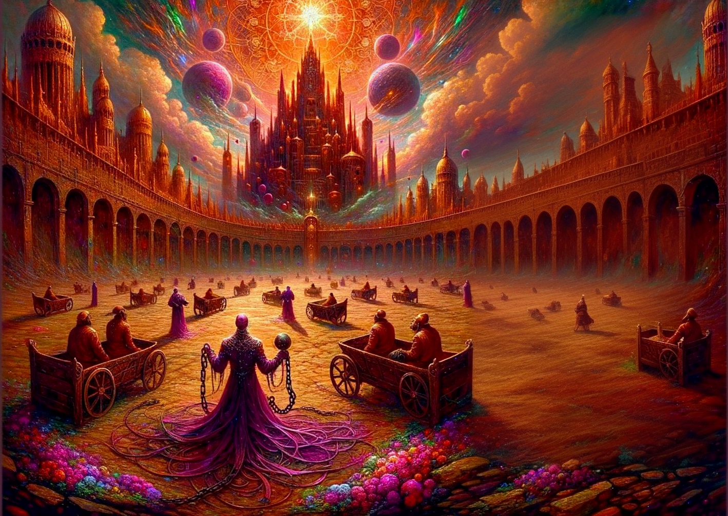 Surreal Courtyard with Ethereal Sun and Mystical Figures