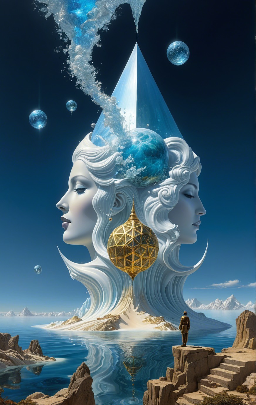 Surreal Landscape with Merging Faces and Crystalline Form