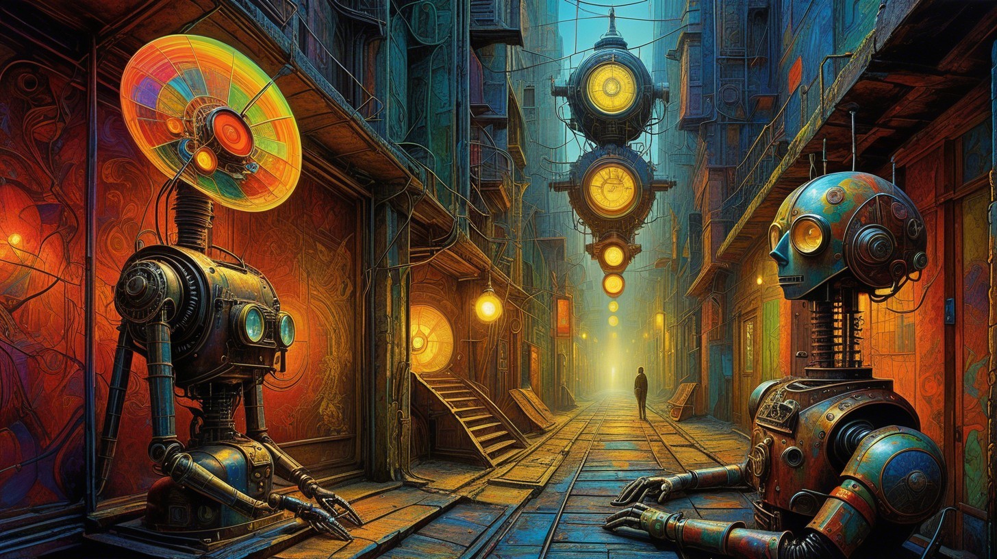 Futuristic Alleyway with Robots and Steampunk Elements