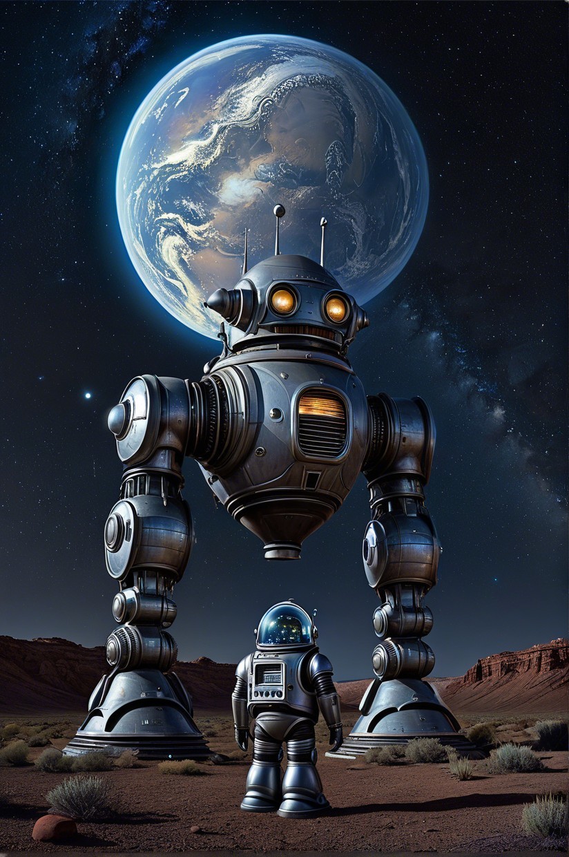 Futuristic Robot and Astronaut in Desolate Landscape