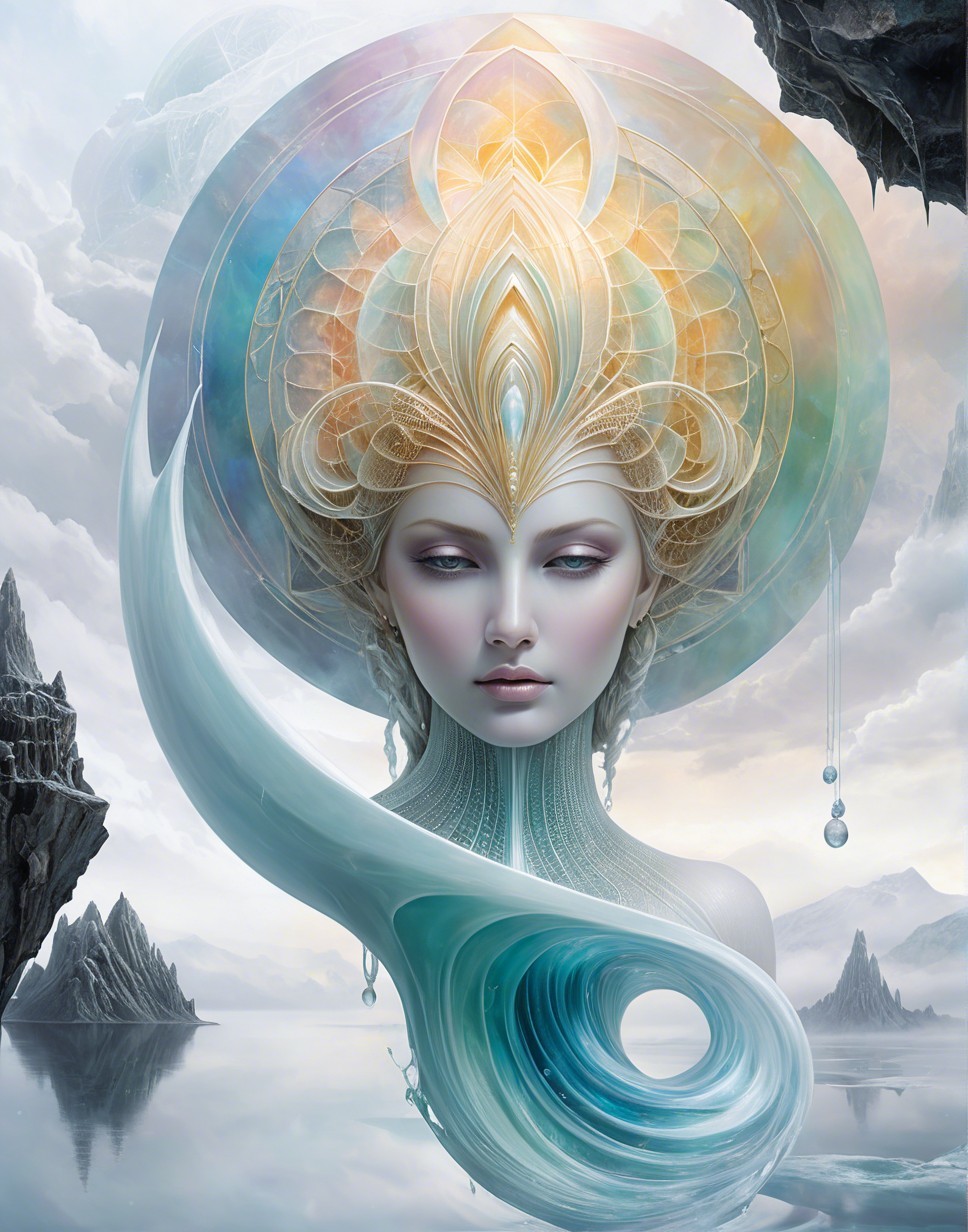 Ethereal Figure Amid Misty Mountains and Clouds