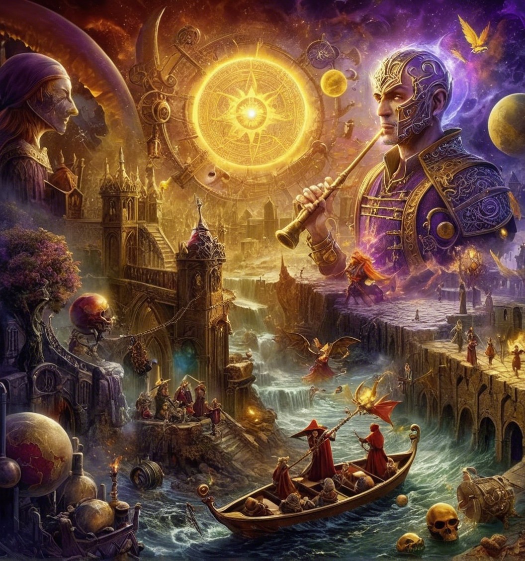 Fantasy Scene with Cosmic Elements and Ancient Architecture