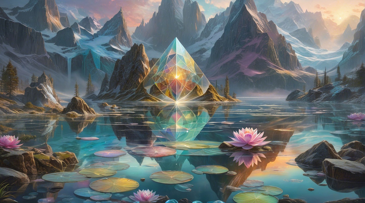 Tranquil Lake Surrounded by Majestic Mountains and Sunset
