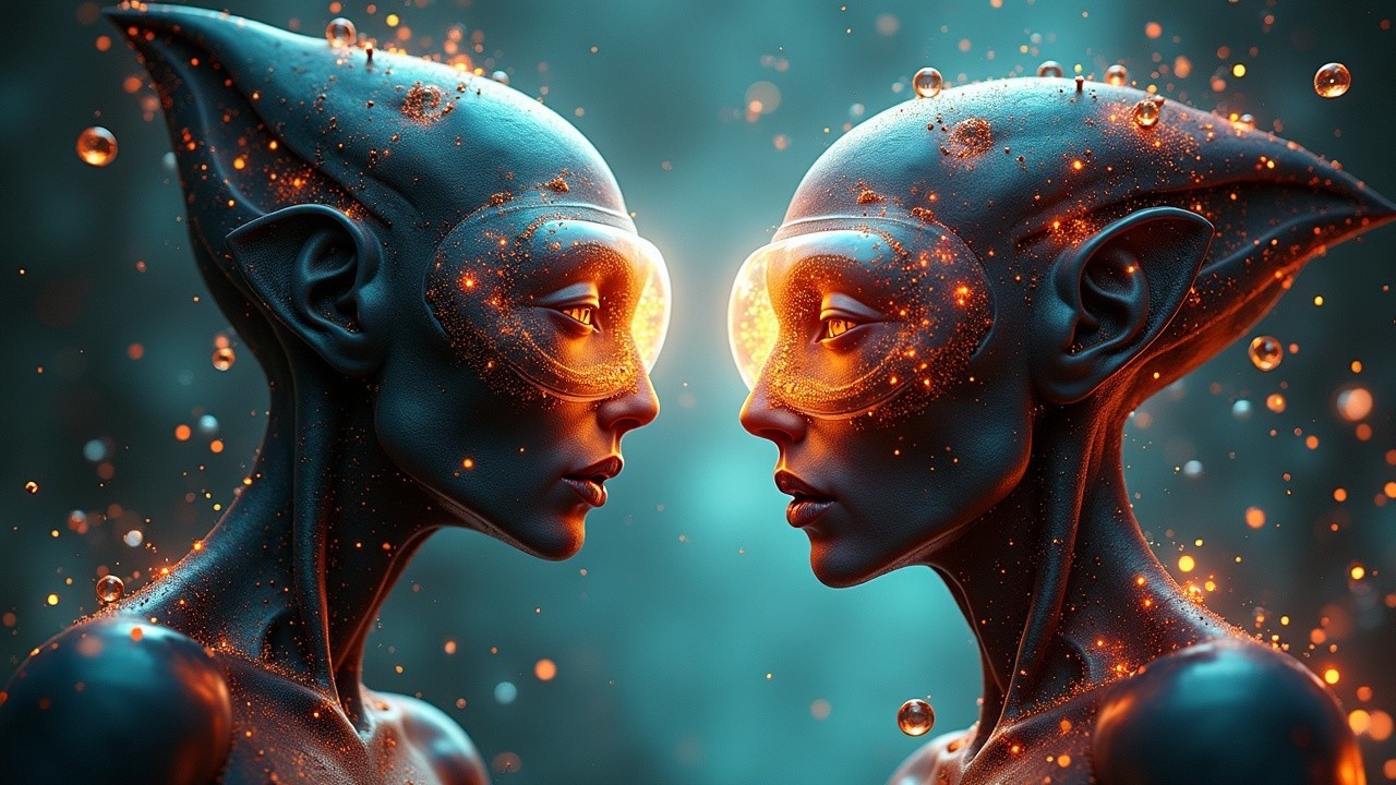 Futuristic Alien Beings with Reflective Eyes and Connection
