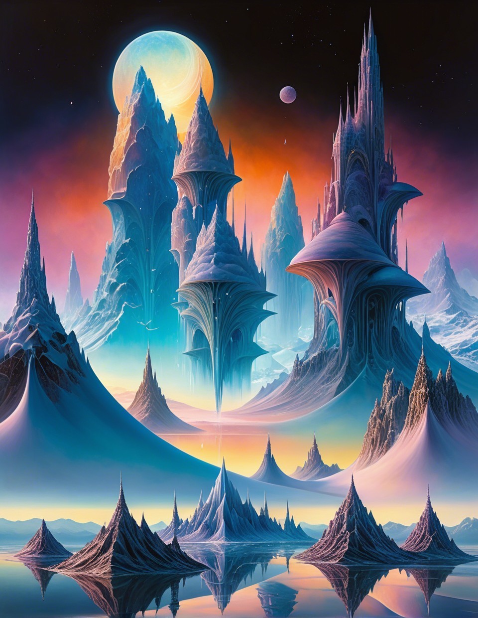 Alien Landscape with Crystalline Mountains and Water