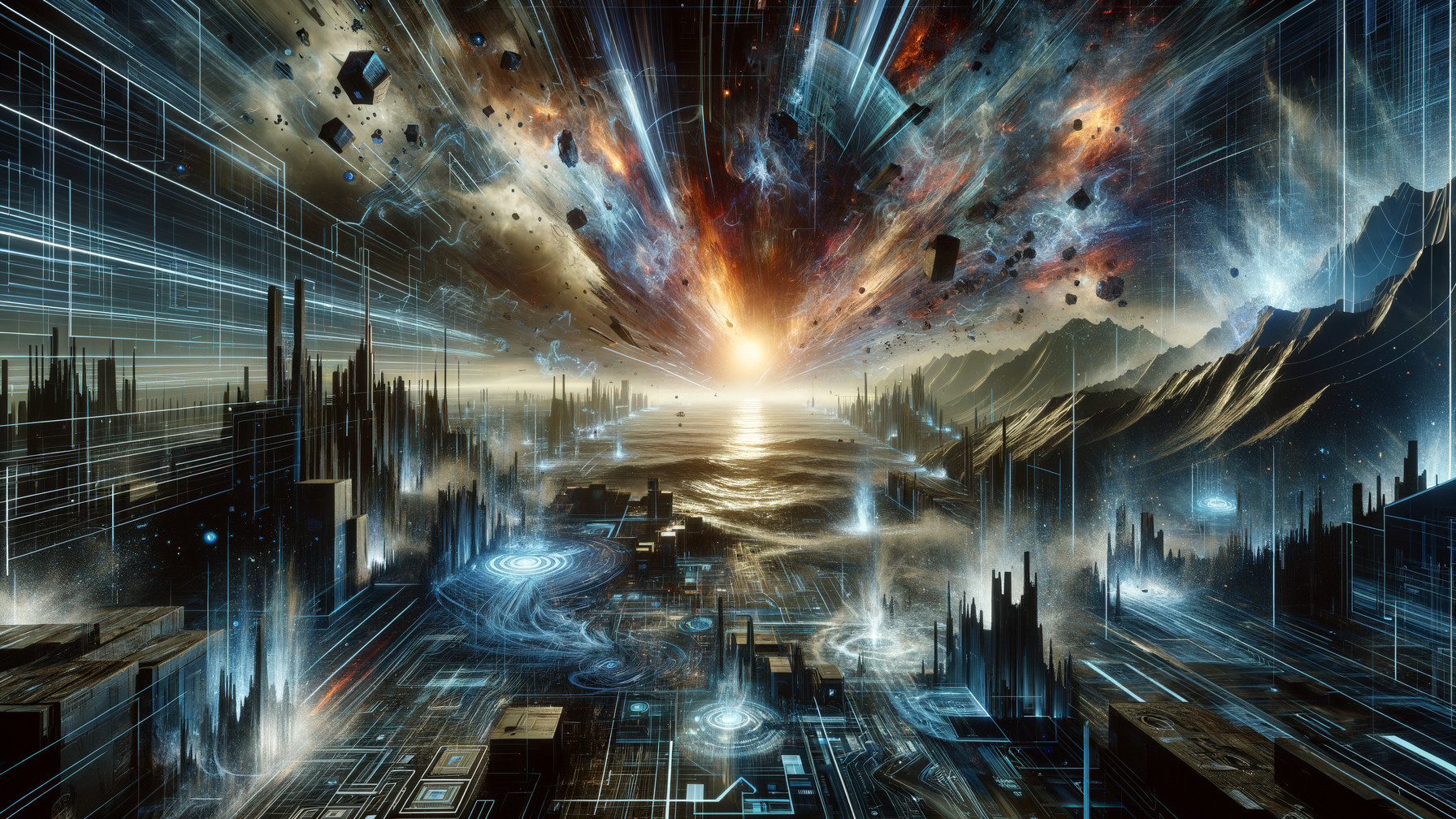 Vibrant Cosmic Scene with Surreal Landscape Elements