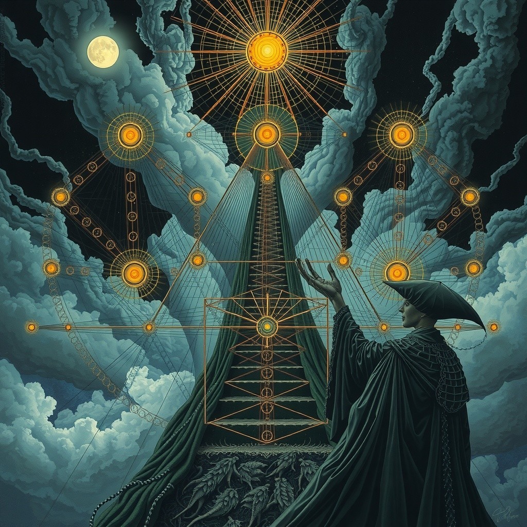 Mystical Figure in Cloak Under Moonlit Sky