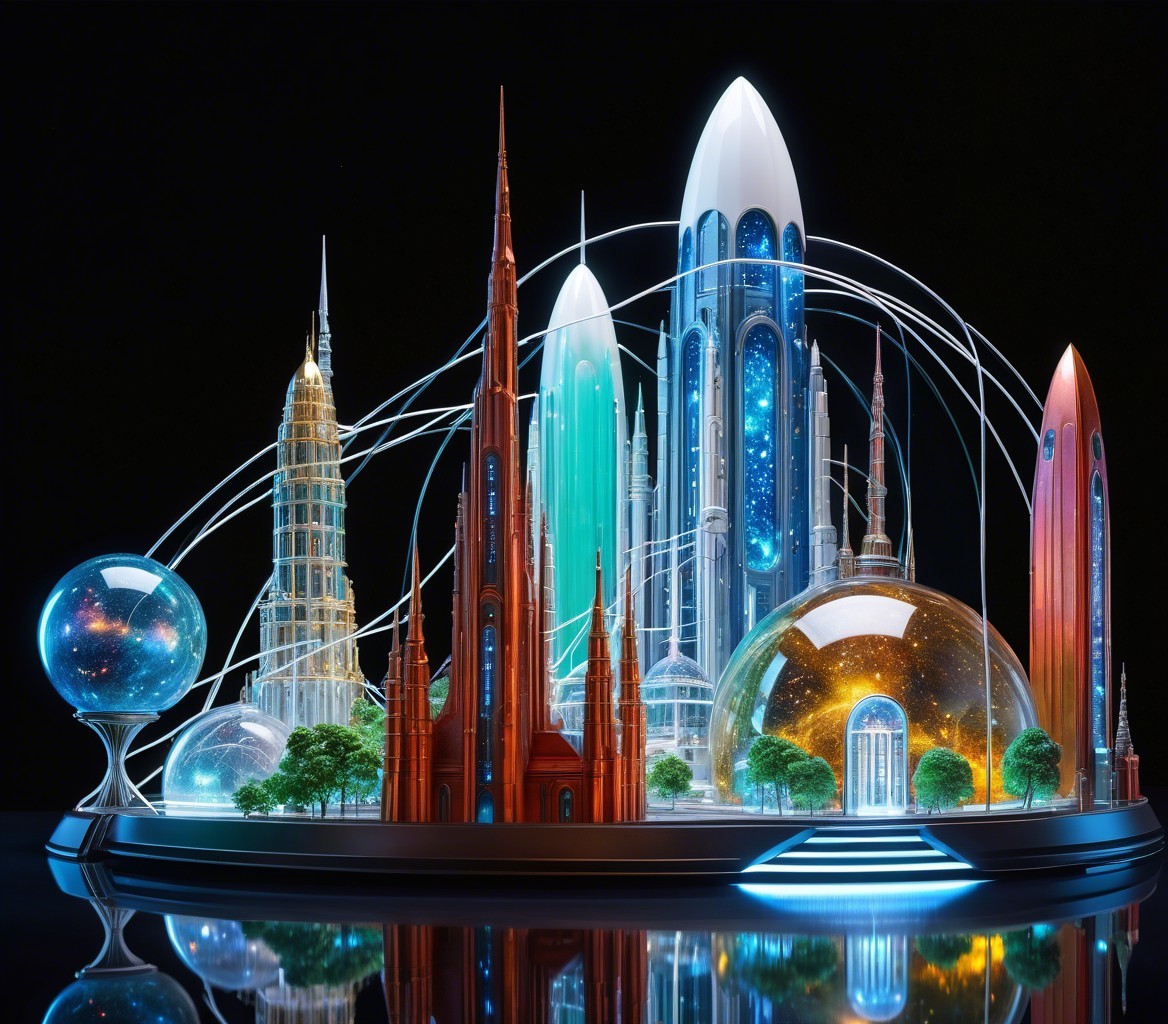 Futuristic Skyline with Skyscrapers and Rockets