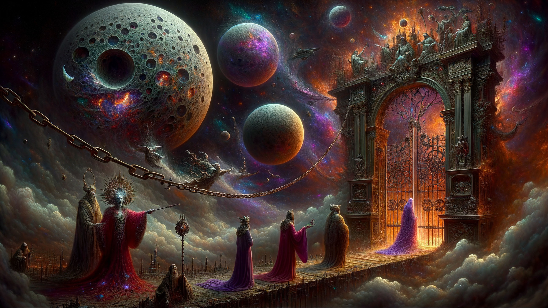 Surreal Cosmic Scene with Grand Archway and Celestial Bodies