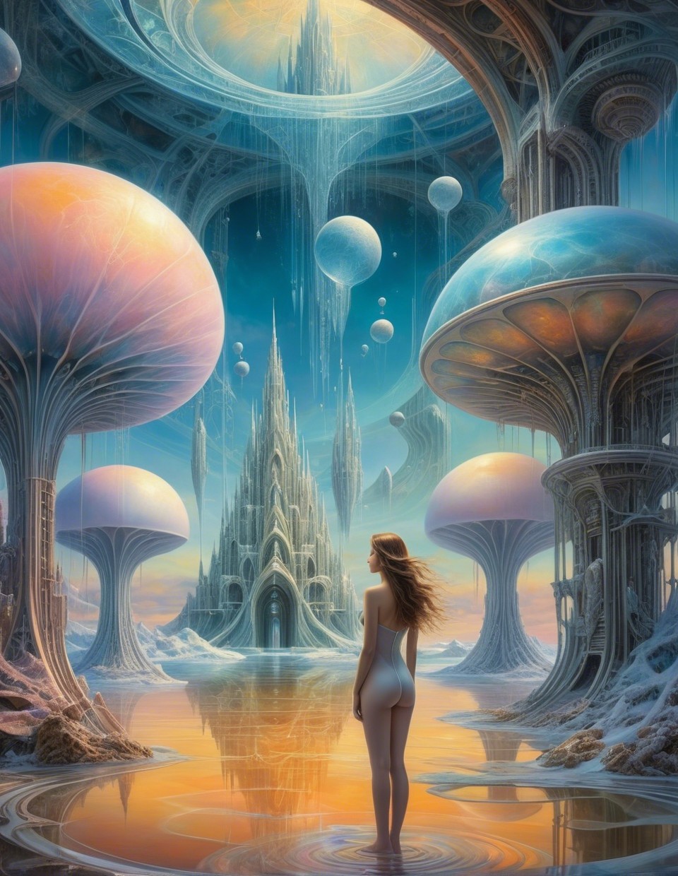 Surreal Landscape with Colorful Mushrooms and Castles