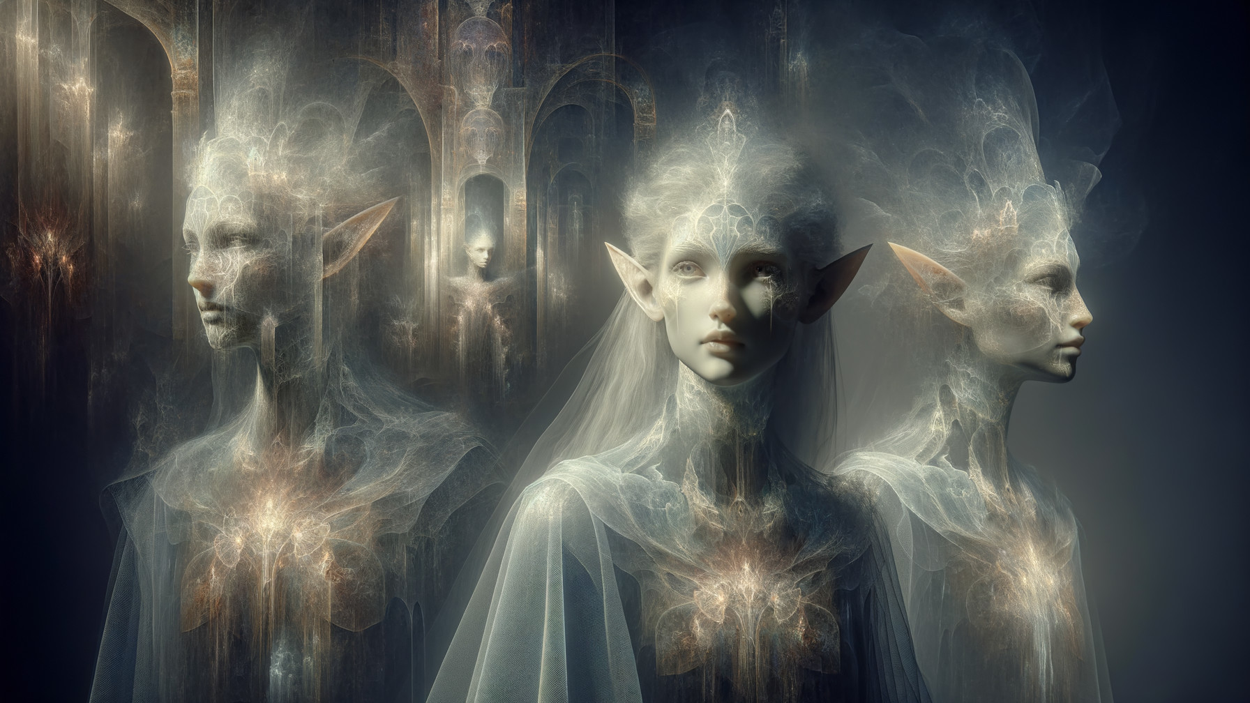 Ethereal Figures in Translucent Veils and Glow