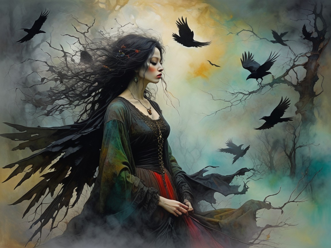 Mystical Figure in Eerie Landscape with Crows
