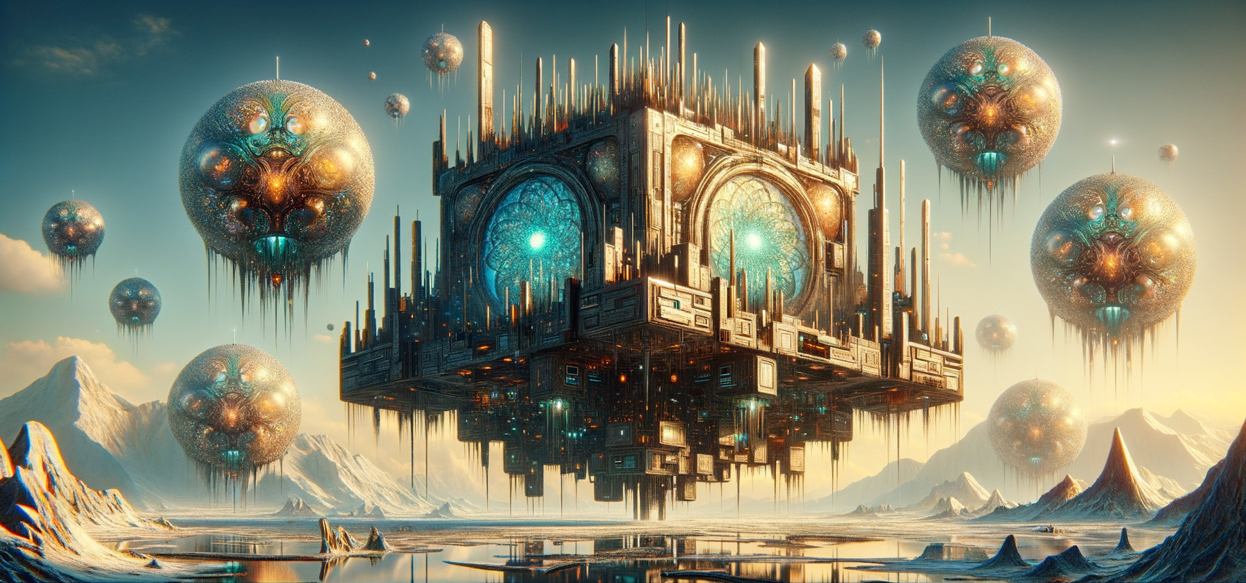 Futuristic landscape with floating structure and orbs