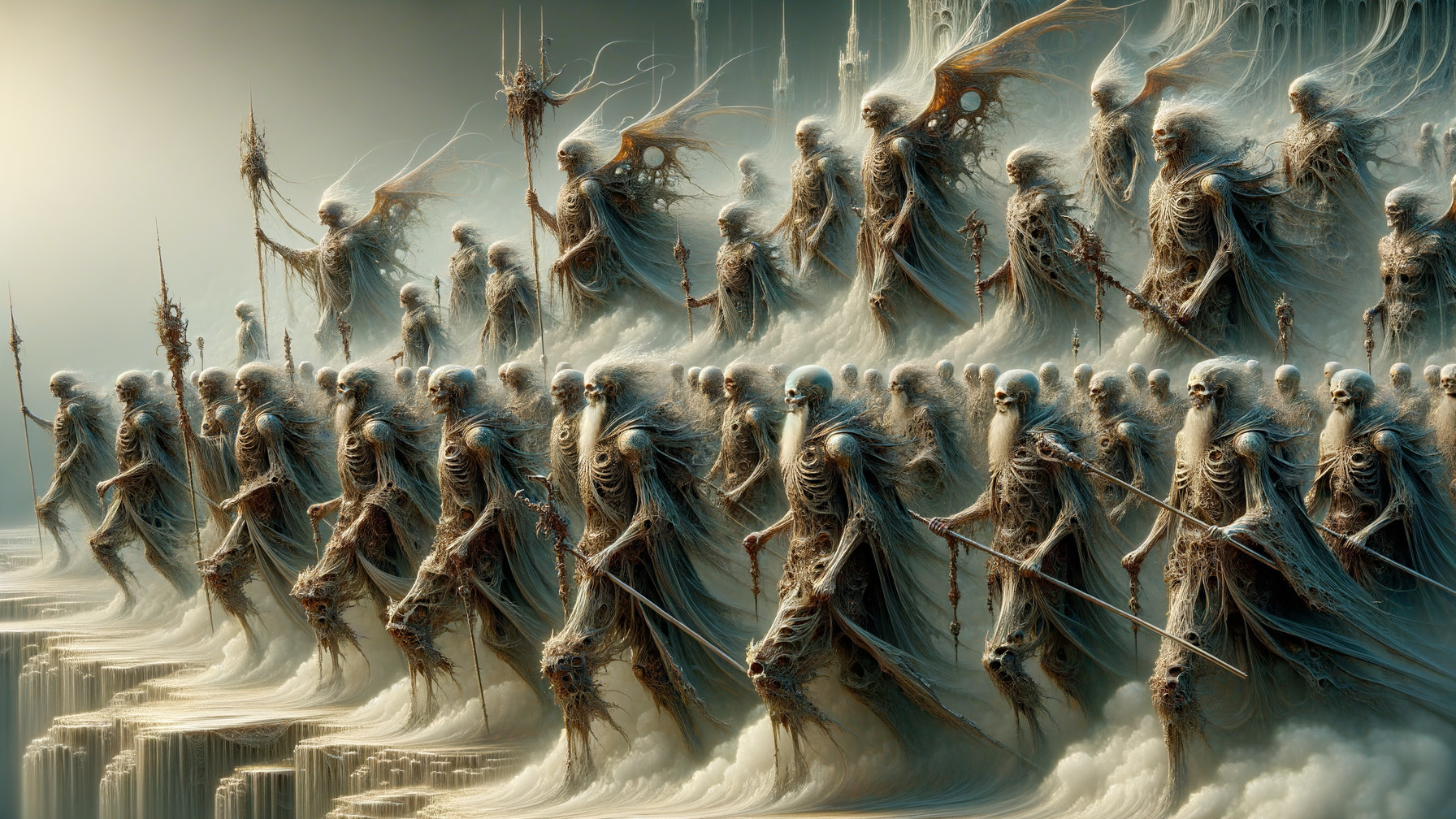 Surreal Scene of Skeletal Figures in Dreamlike Landscape