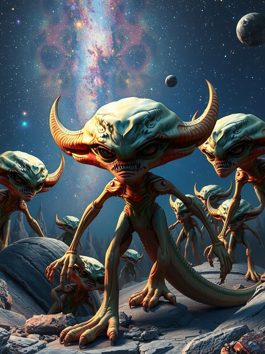 異星人たちと宇宙の惑星背景の描写