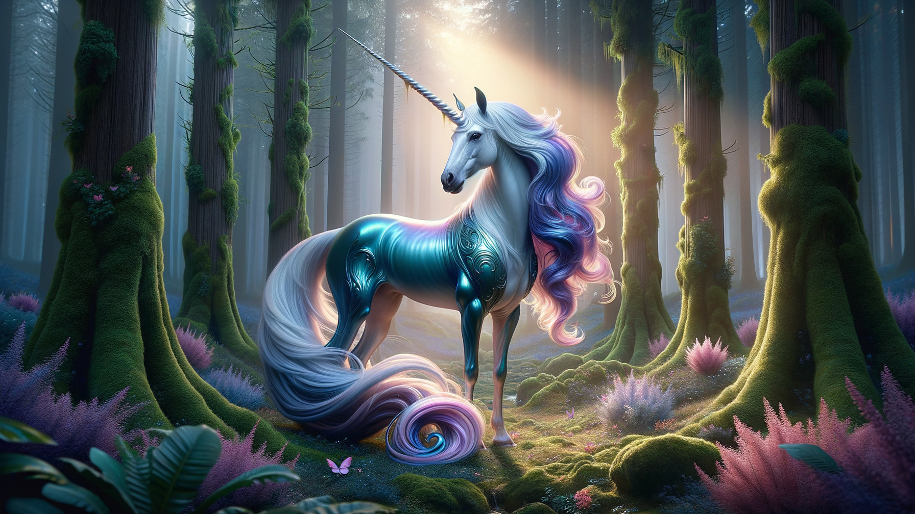 Unicorn in a Mystical Forest Surrounded by Nature