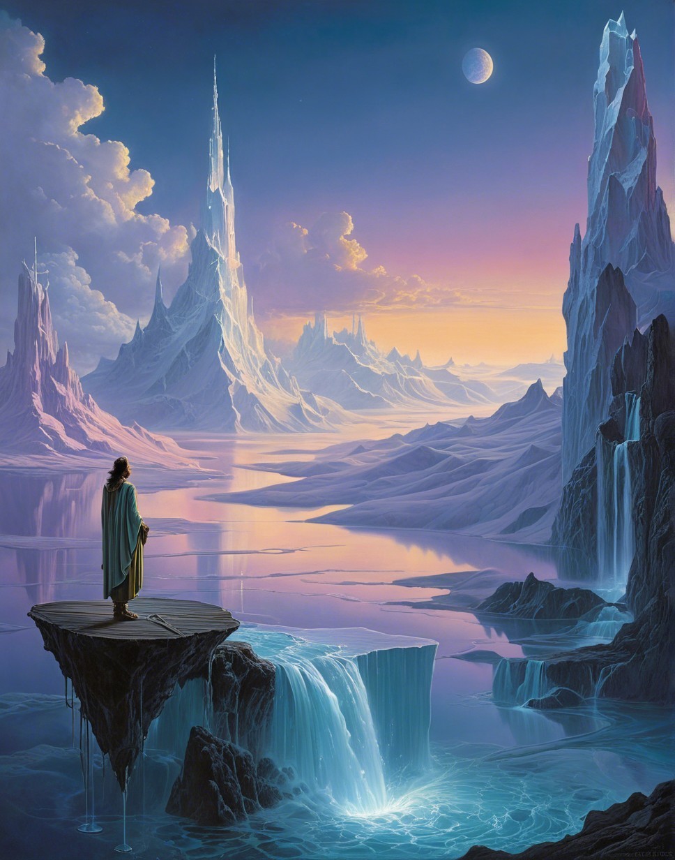Icy Spires and Waterfalls in a Dusk Landscape