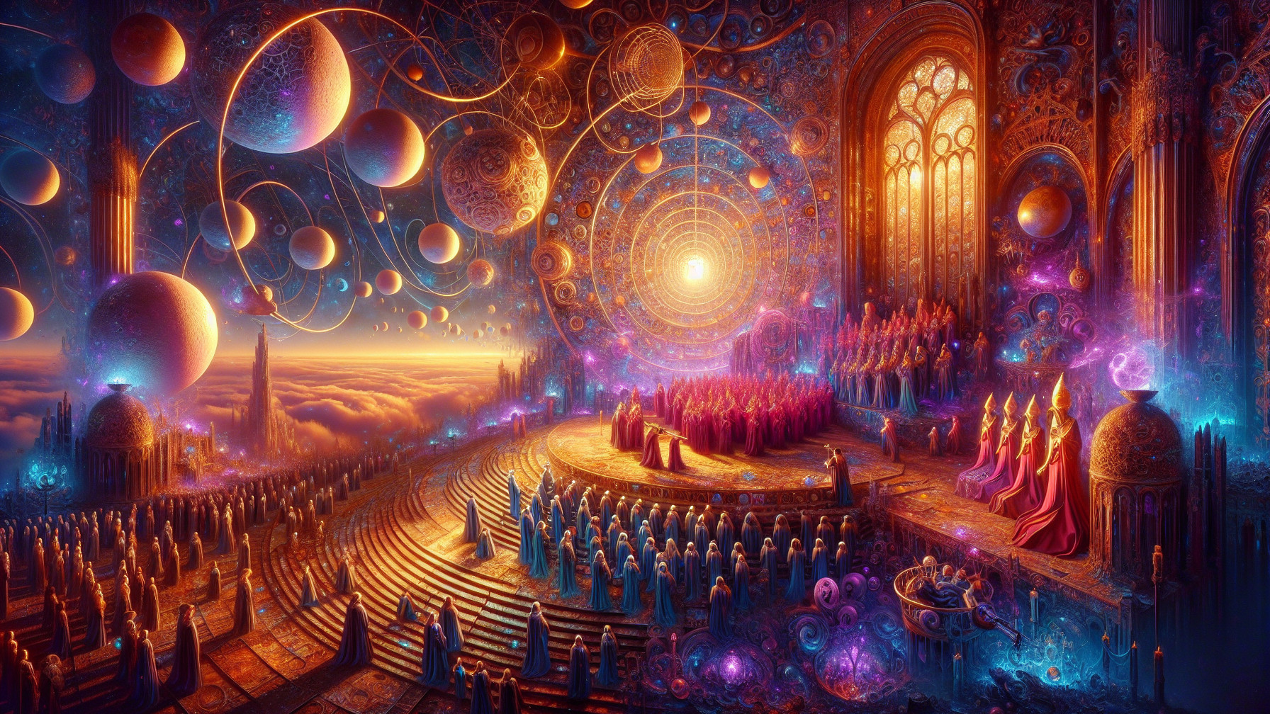 Celestial Hall with Vibrant Colors and Cosmic Spheres
