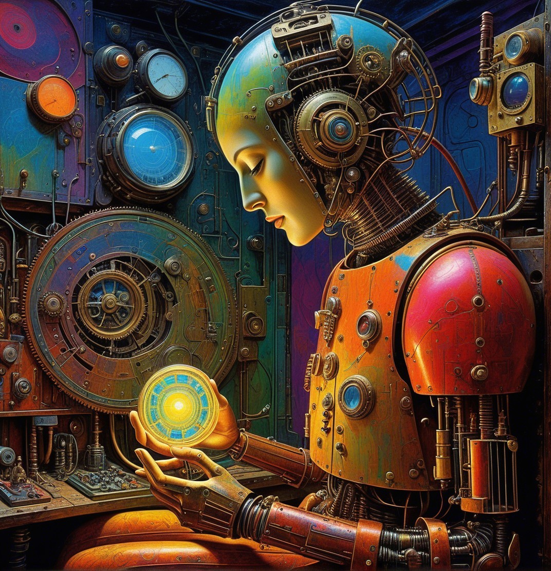 Futuristic humanoid robot in steampunk control room