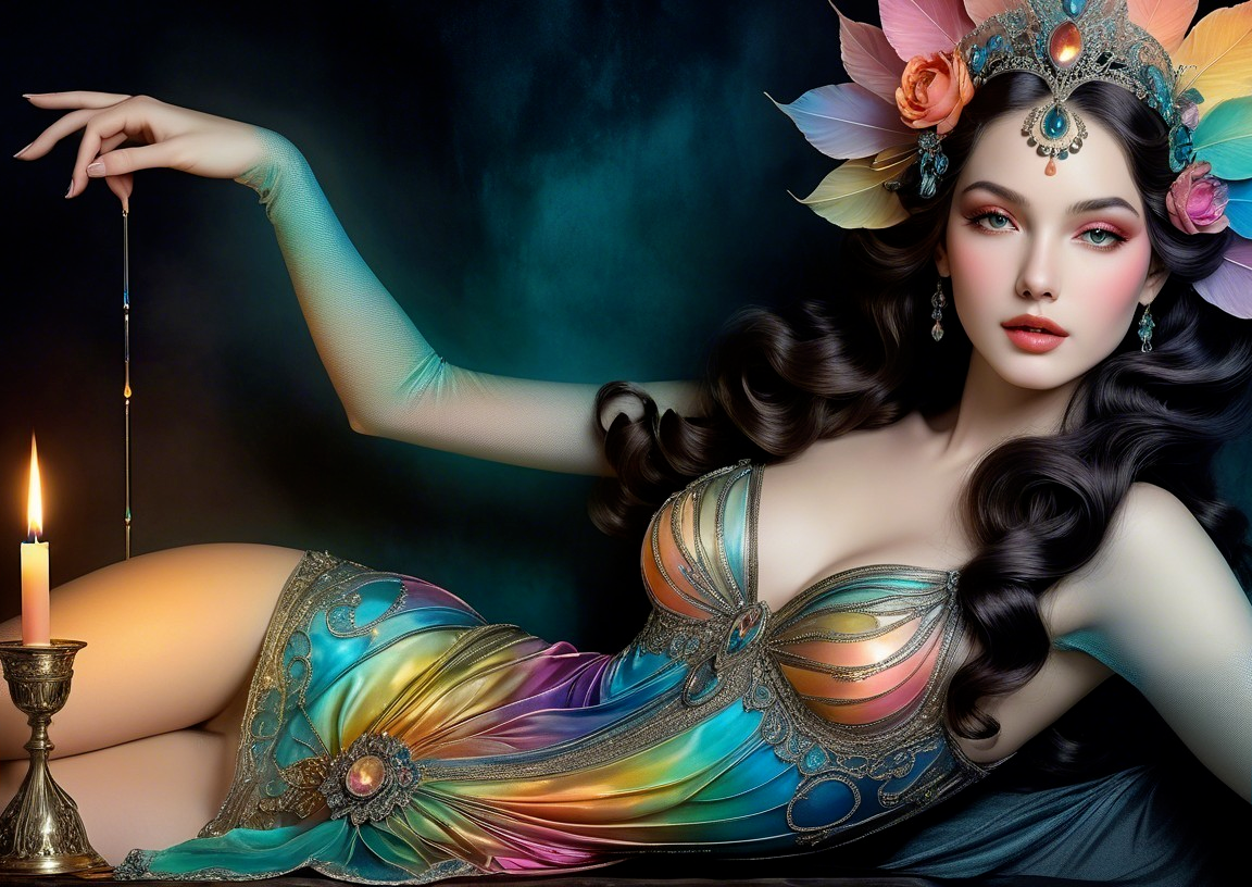 Elegant Woman in Iridescent Gown with Floral Crown