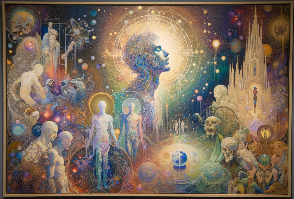 Surreal Tapestry Blending Human and Cosmic Imagery