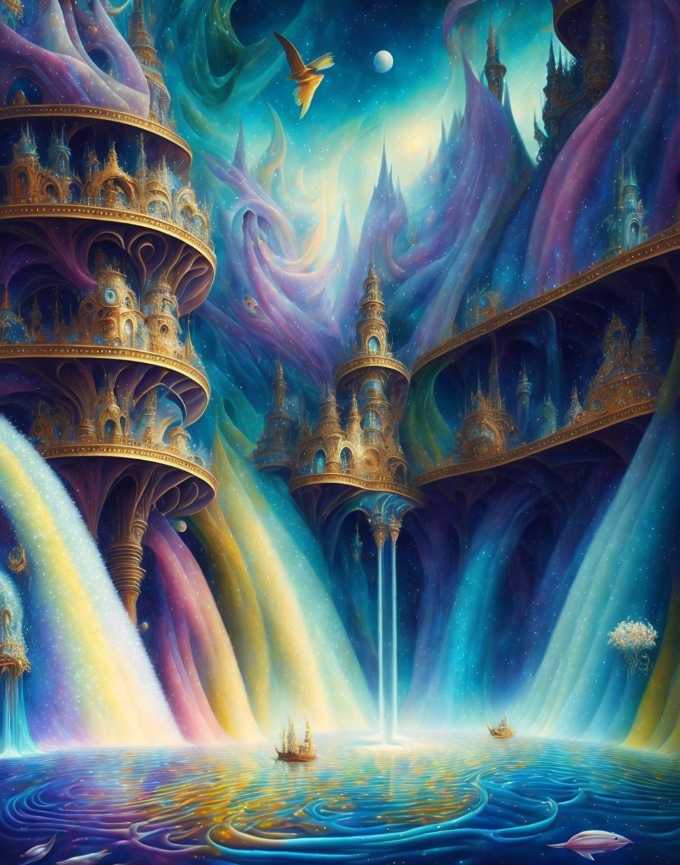 Surreal Landscape with Ethereal Towers and Waterfalls