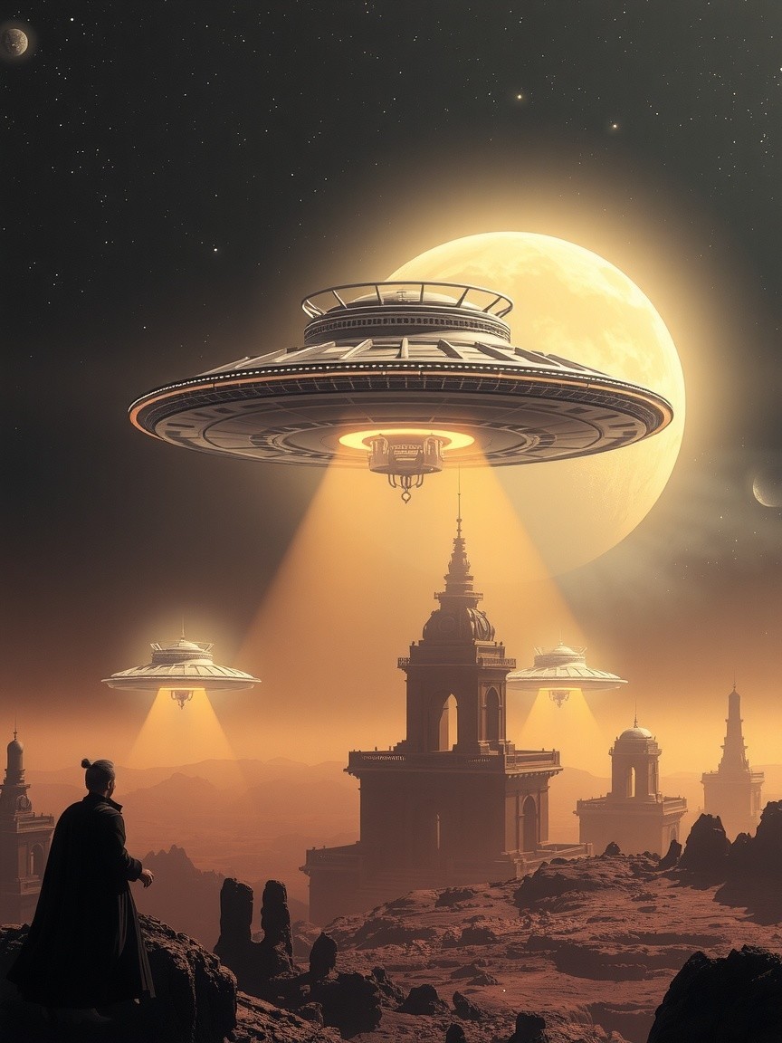 Surreal Alien Landscape with Ancient Structures and UFOs