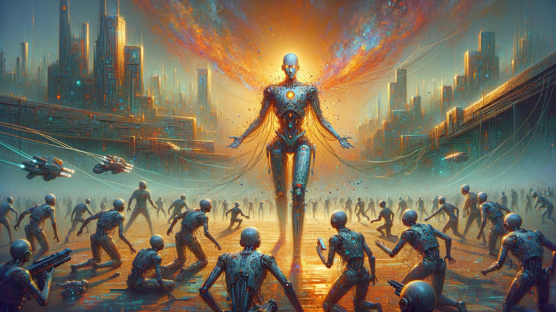 Futuristic Scene with Towering Robot and Androids