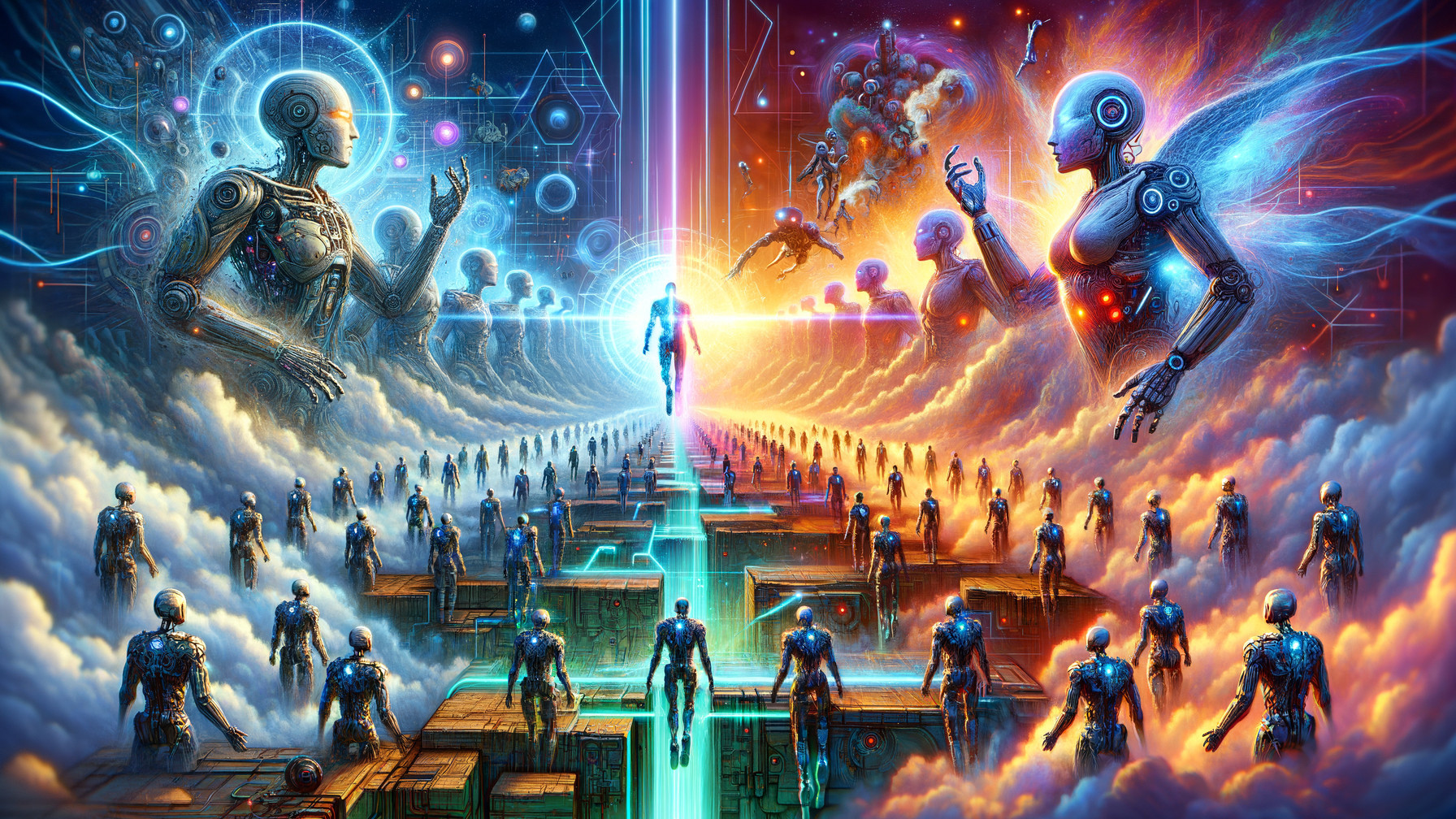 Futuristic Landscape with Humanoid Robots and Energy Themes