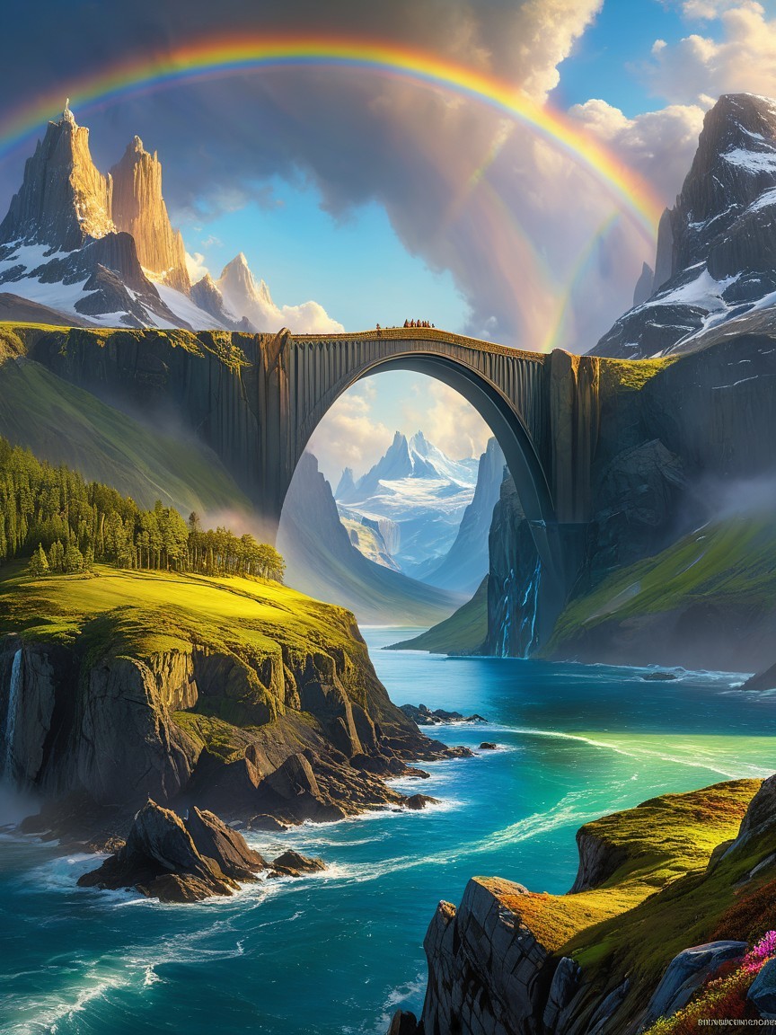 Majestic Bridge and Rainbow Over Serene Landscape