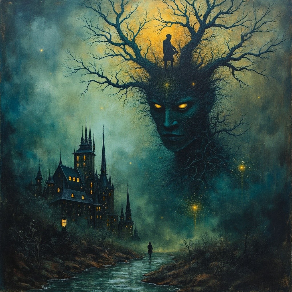 Twilight Castle with Eerie Glow and Shimmering River