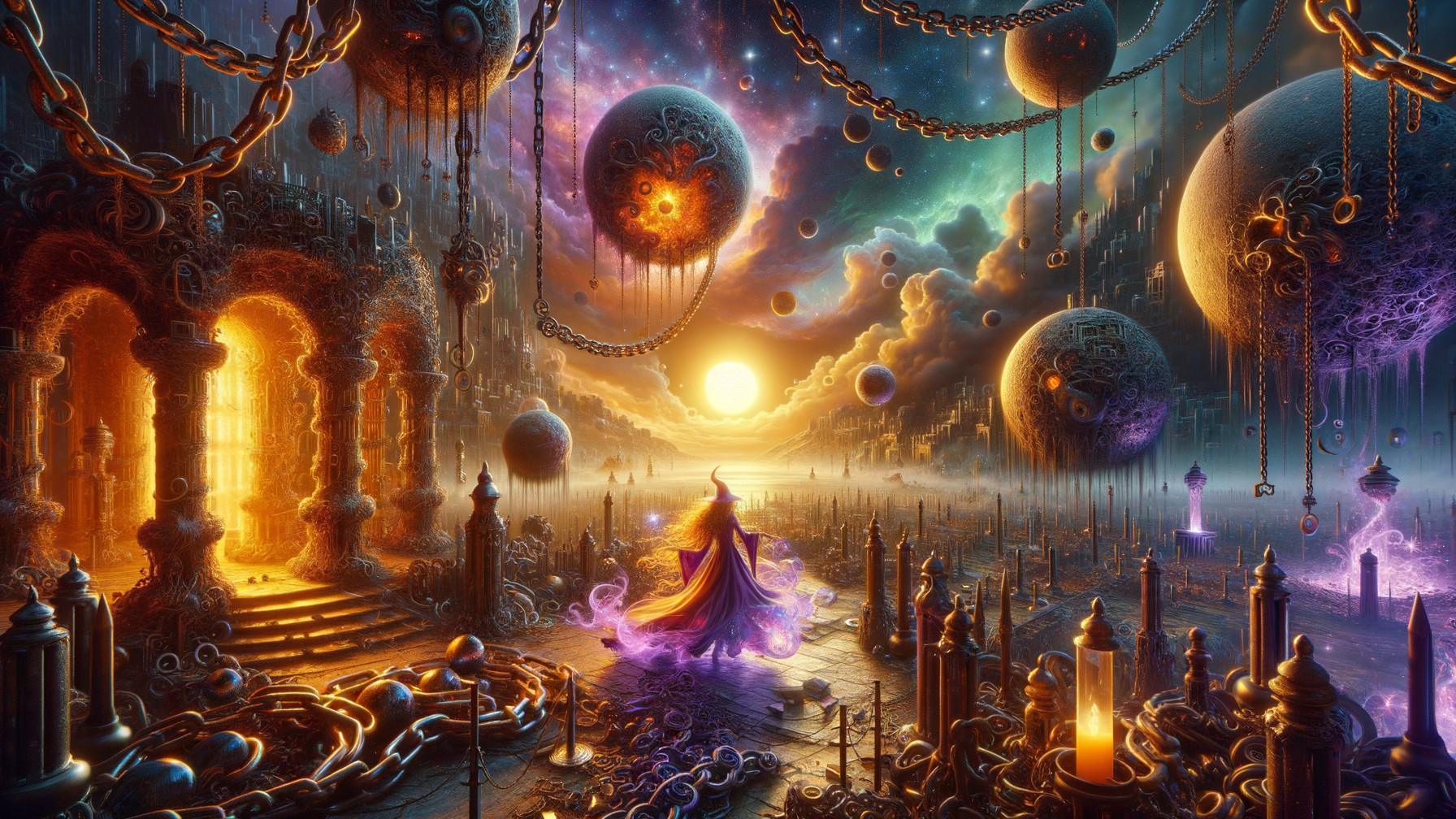 Surreal Landscape with Mystical Figure and Celestial Bodies